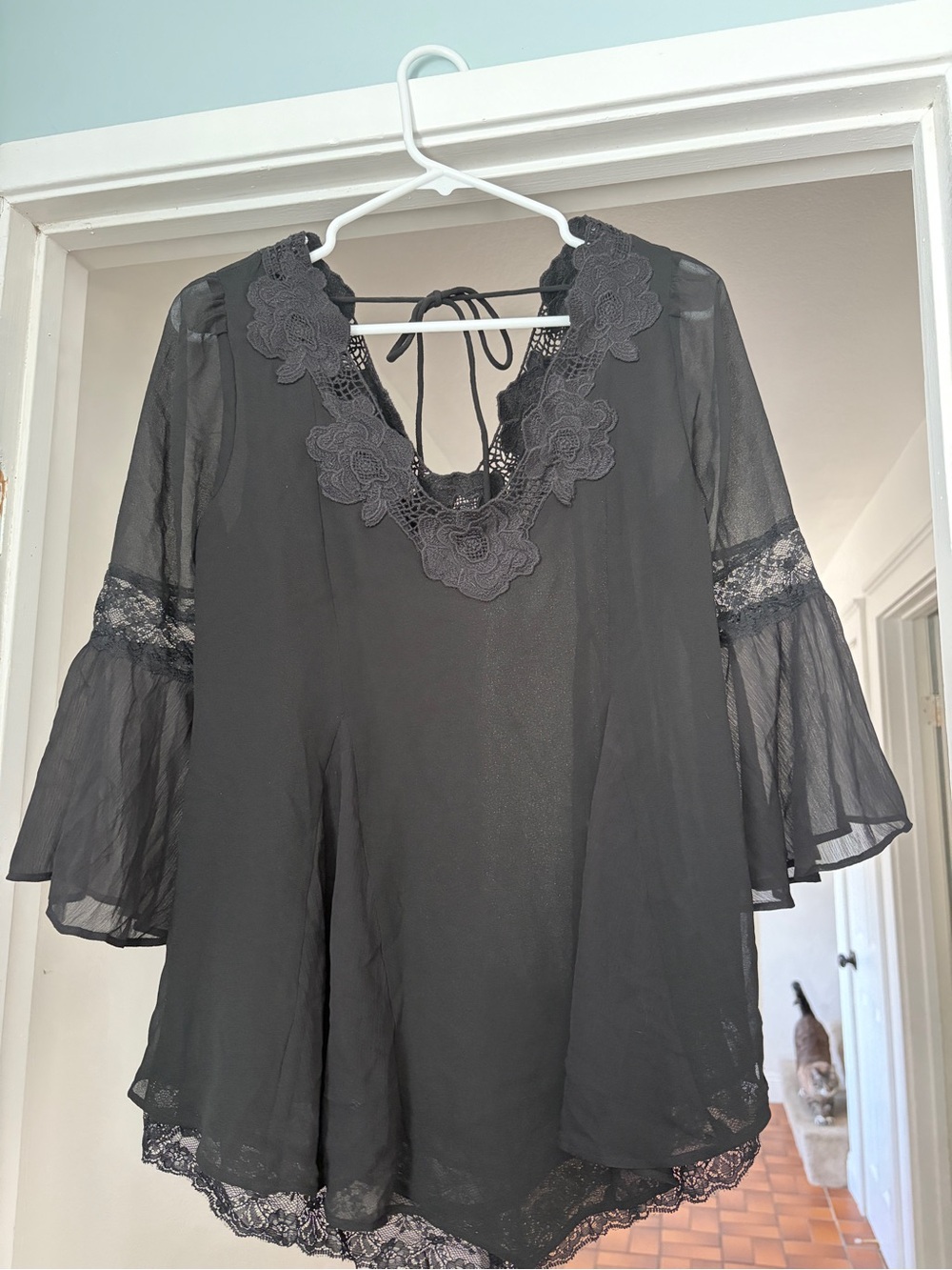 Free People Black Lace Bell Sleeve Tunic Top Size Small